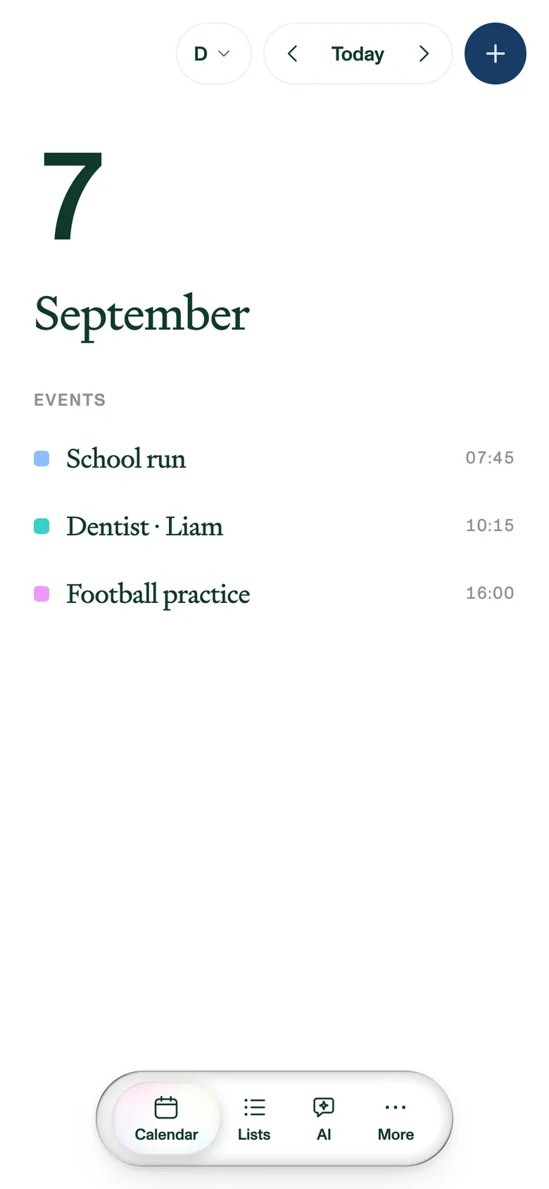 Plannie's day view on a phone, listing the day's events with a colour dot for each family member.