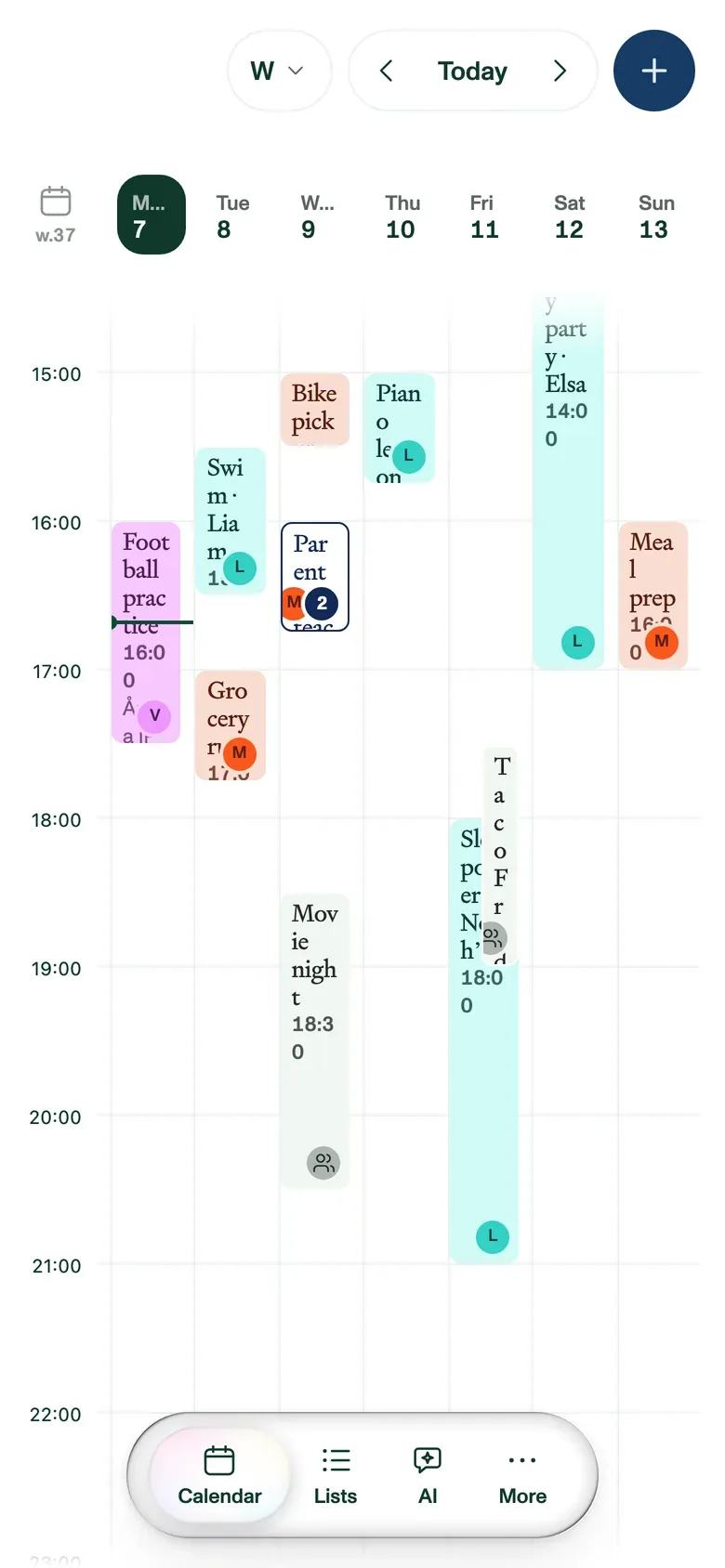 The week view on a phone, with colour-coded events across the week.