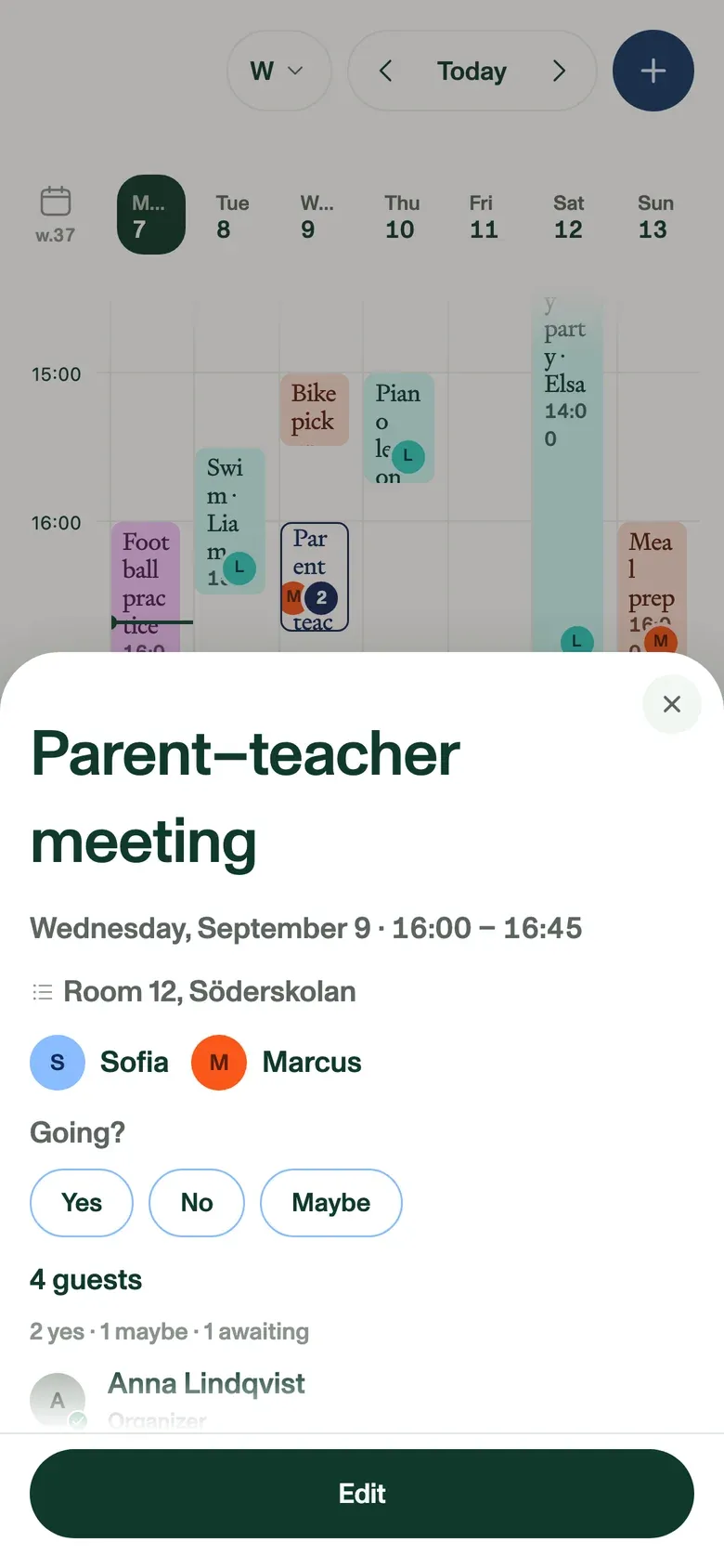 An event invitation on a phone in Plannie, with Yes, No and Maybe buttons and the guest list.