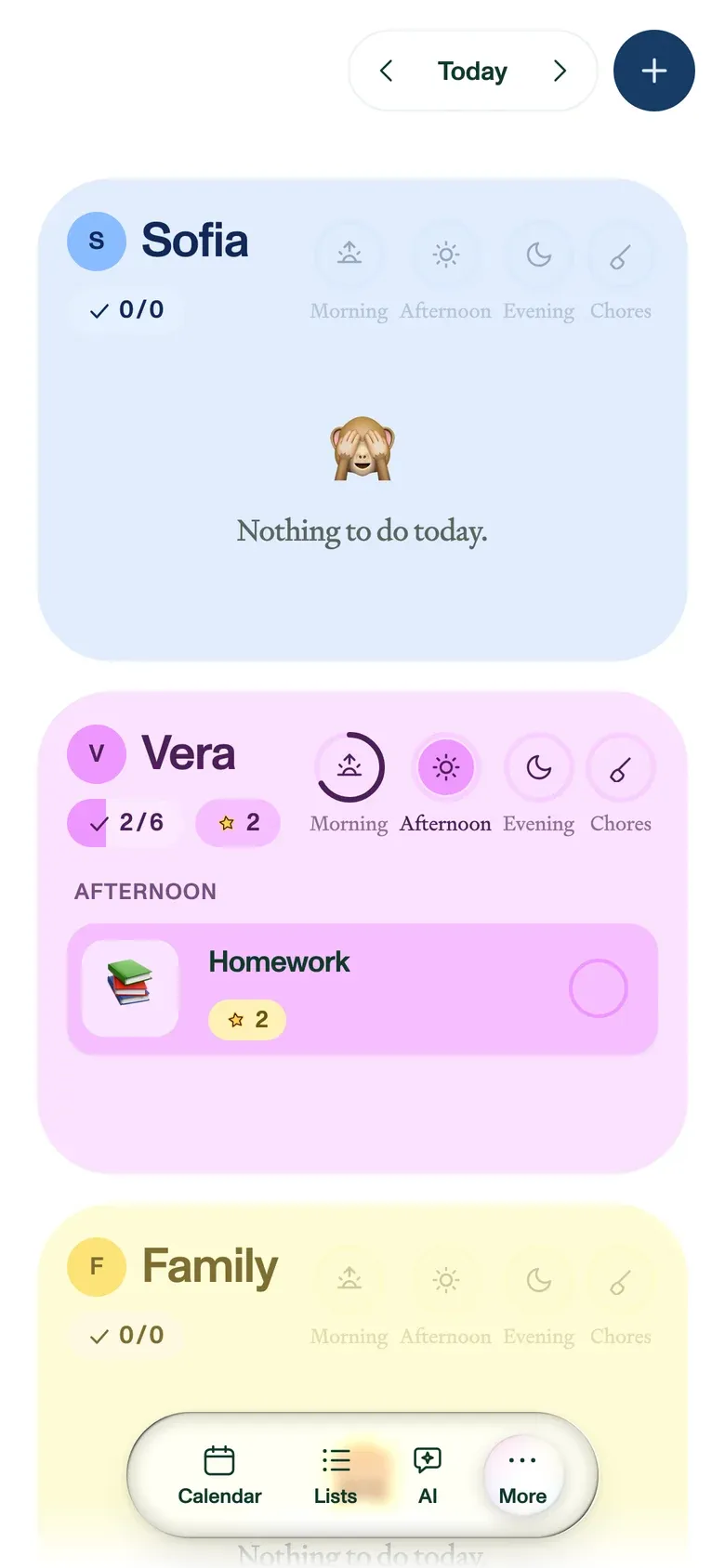 Habits on a phone in Plannie, one card per family member with their tasks and star count.