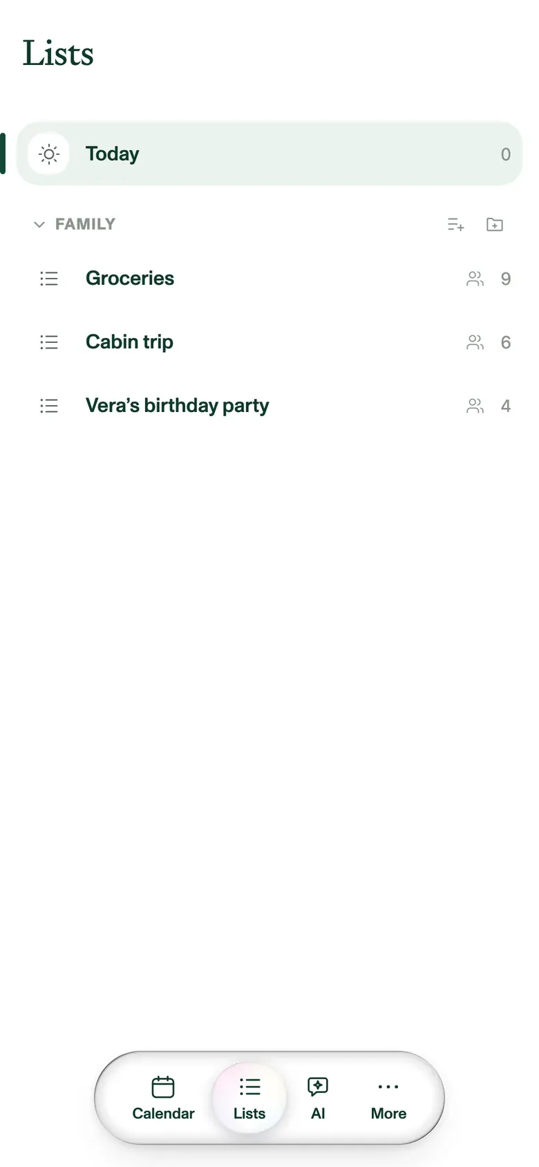 Plannie's list overview on a phone, with the family's shared lists.