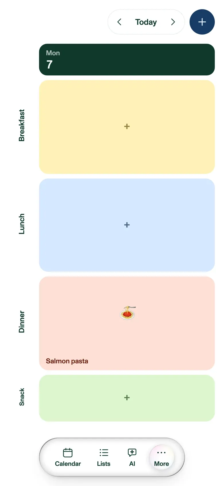 A day's meals on a phone: breakfast, lunch, dinner and snack cards.
