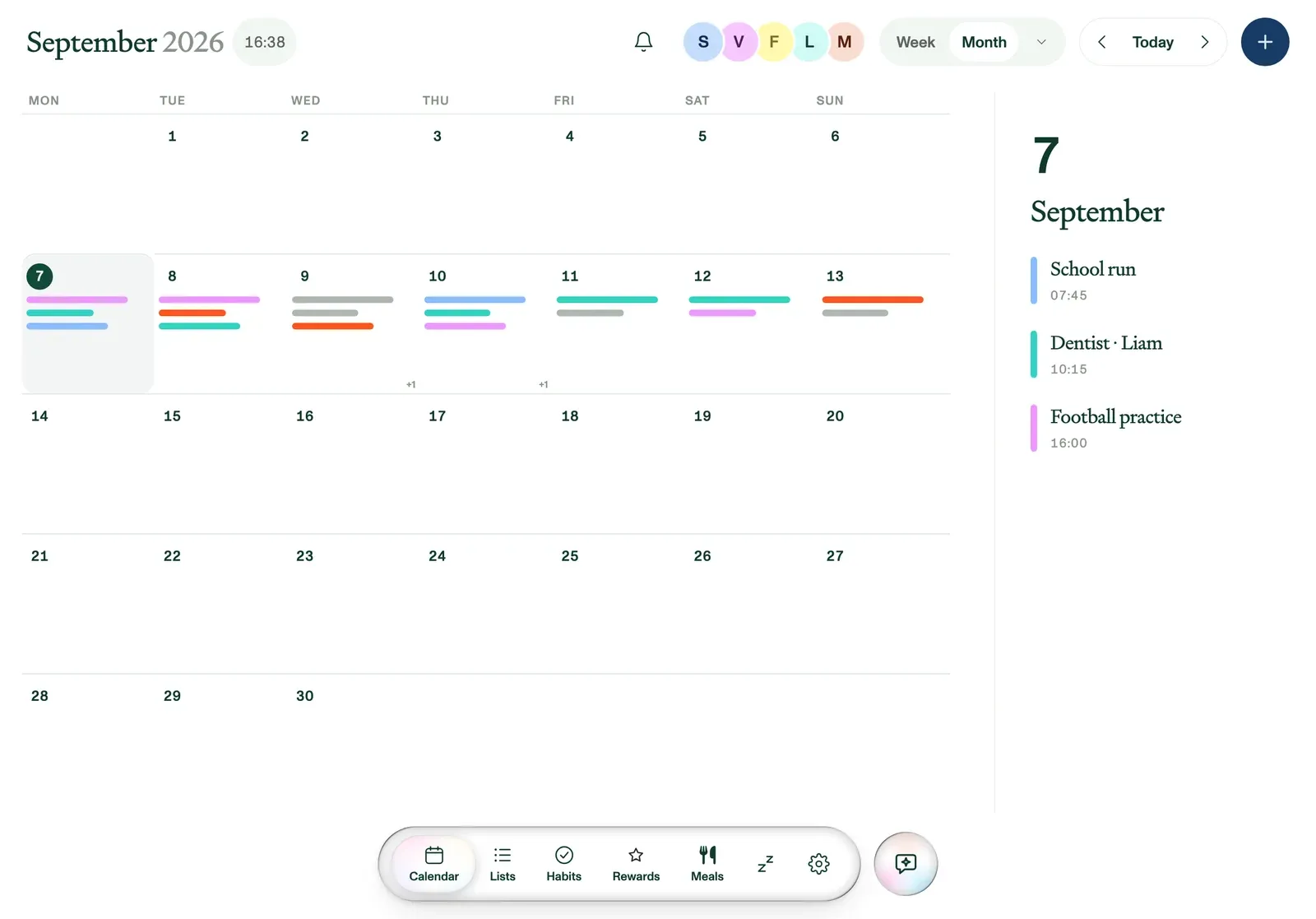 Plannie's month view, with colour bars per day and the selected day listed beside it.