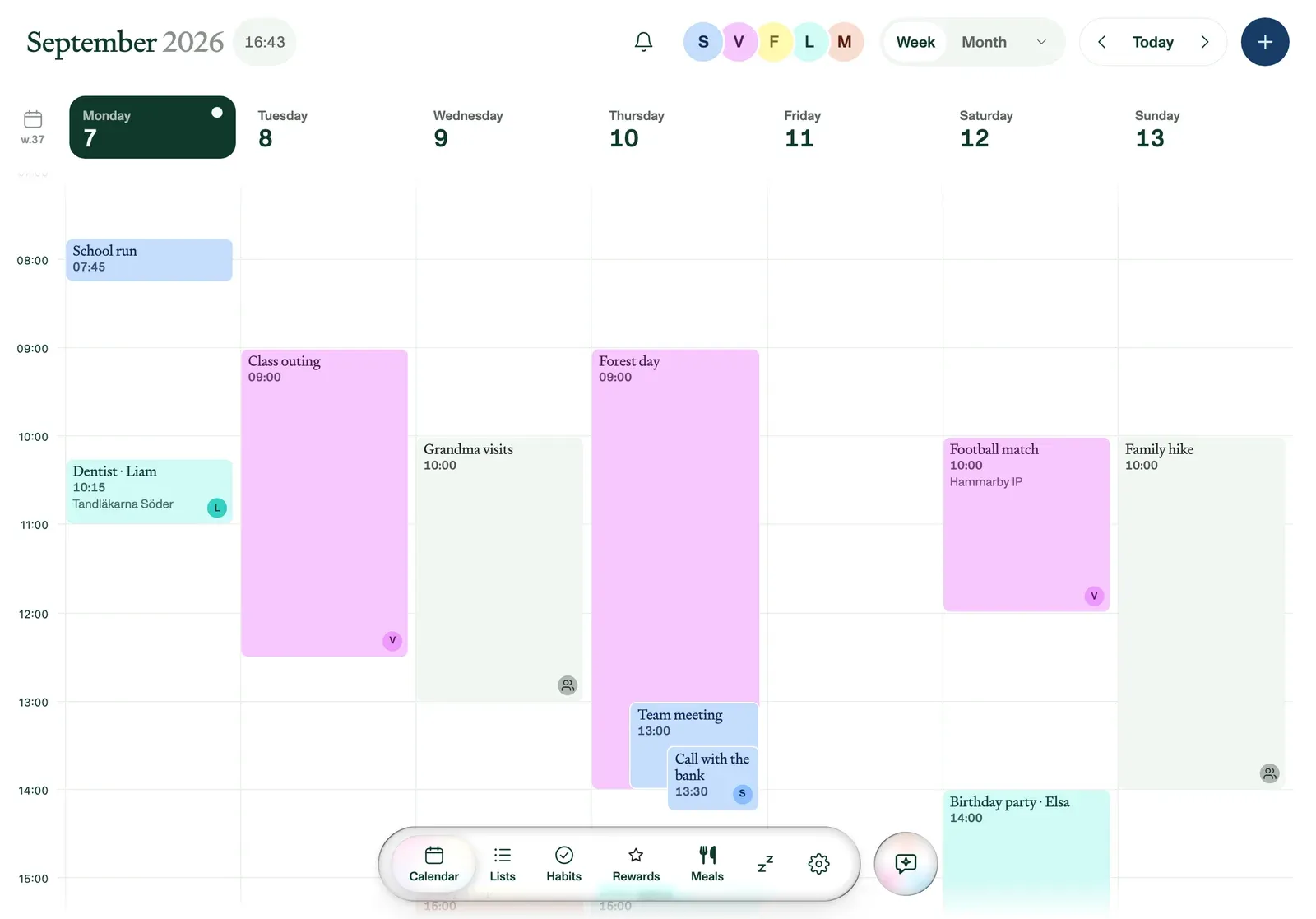 Plannie's week view on a landscape tablet, with member filters and colour-coded events.