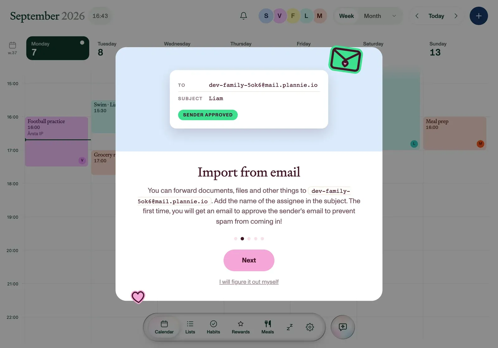 Plannie showing a household's Family Inbox address and a forwarded email that became an event.