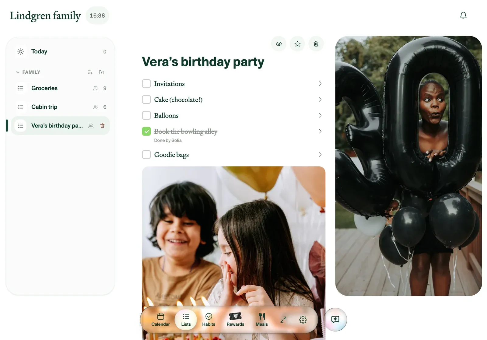 A birthday party checklist in Plannie, with two party photos attached.