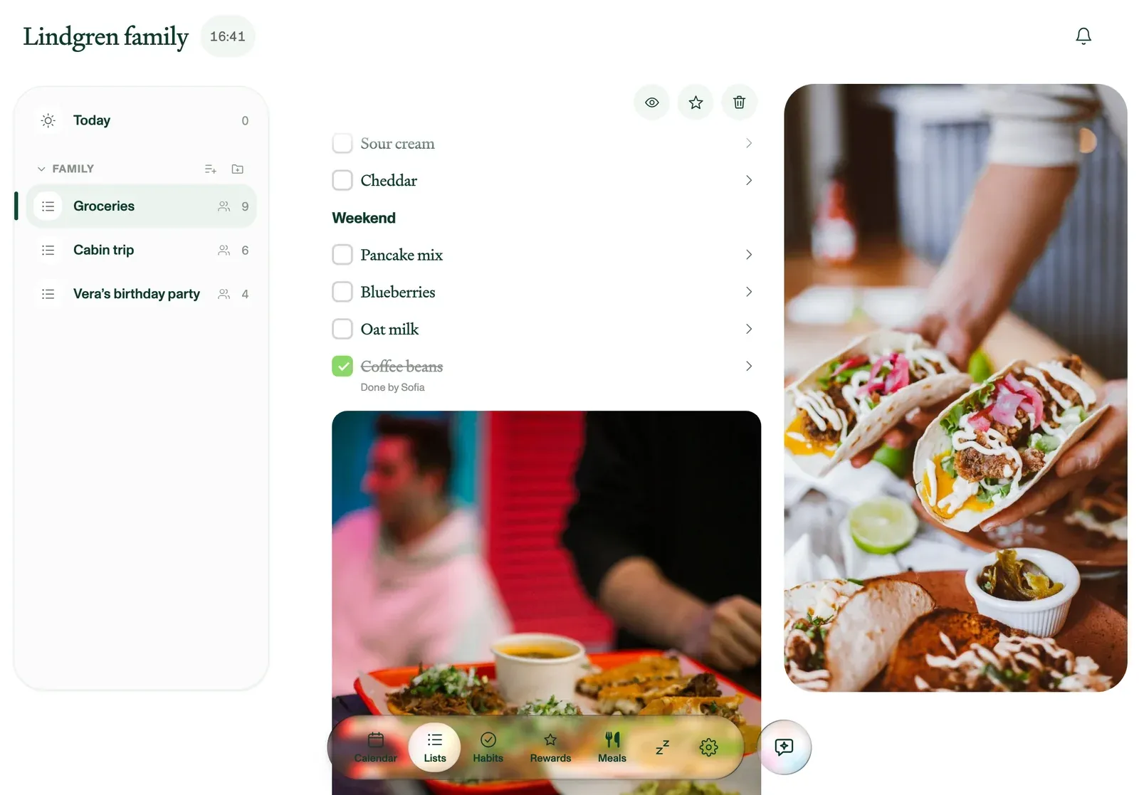 A shared grocery list in Plannie, split into headed sections, with two food photos beside the items.