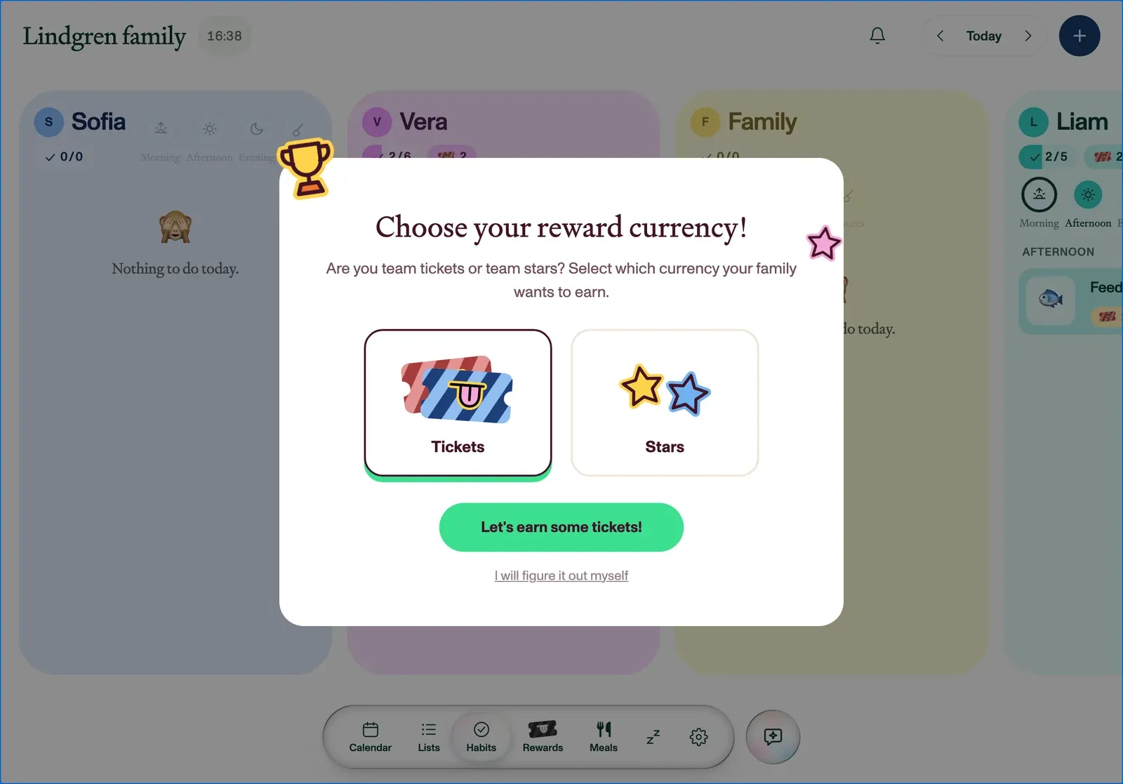 Plannie asking a family to choose its reward currency: tickets or stars.