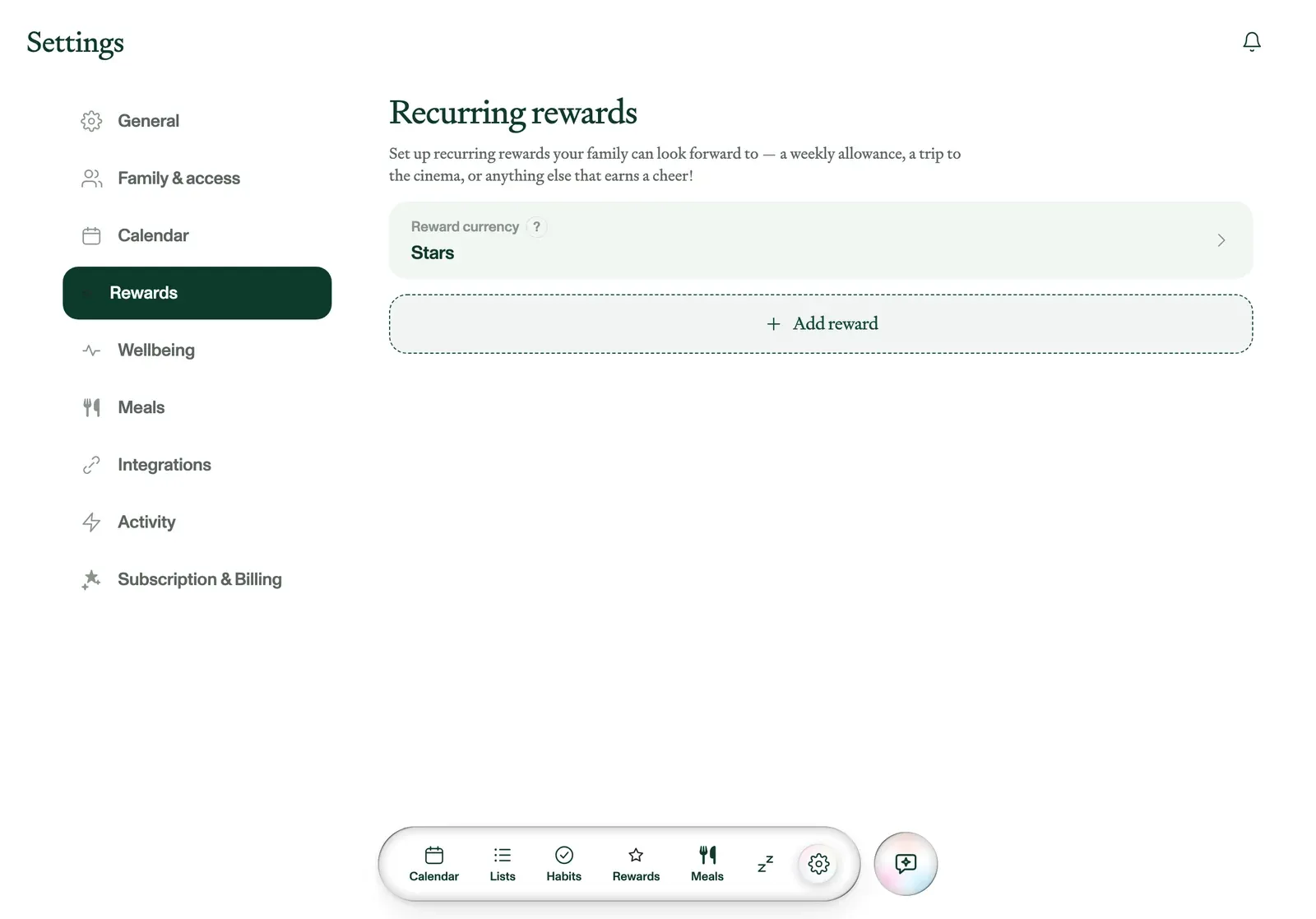 The reward settings in Plannie, with the reward currency and recurring rewards.