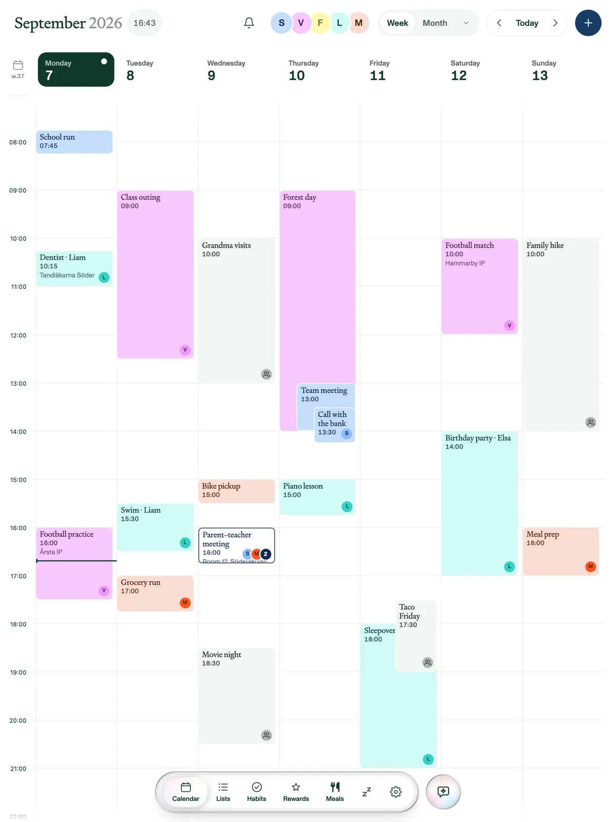 The week view with colour-coded events for the whole family