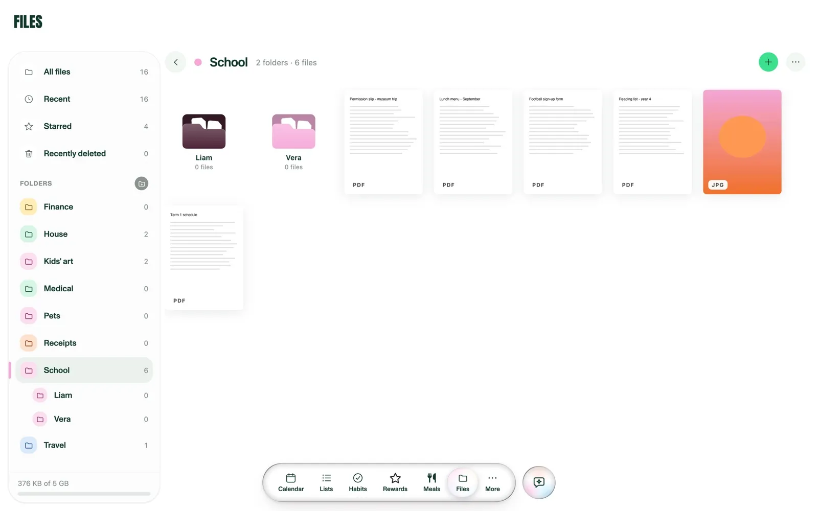 A folder in Files, with subfolders for each child and the documents inside