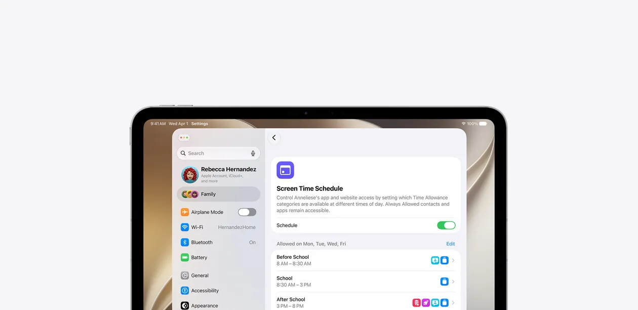 iPad showing a Screen Time schedule with different app categories allowed before, during and after school