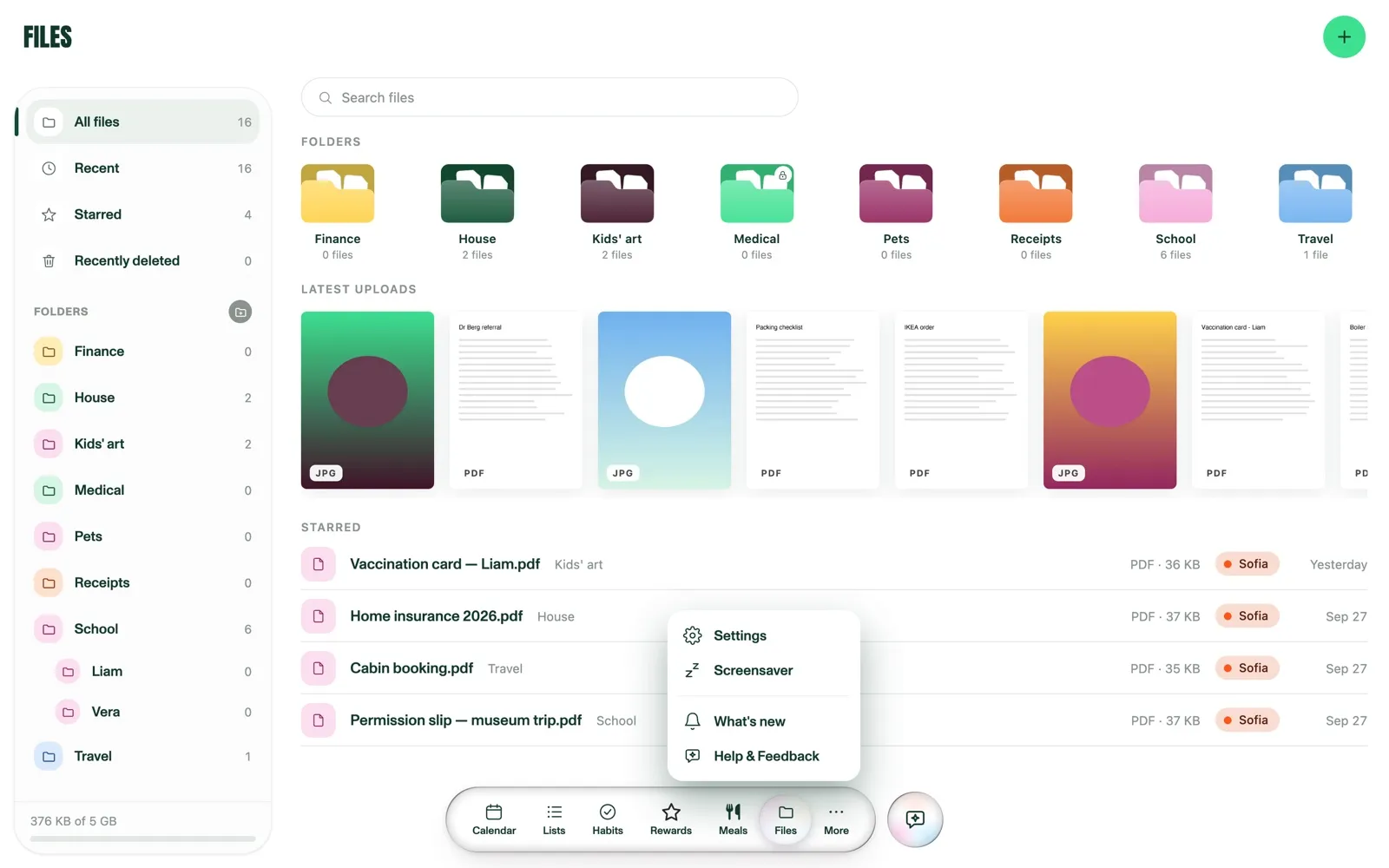 The More menu on the web, with Settings, Screensaver, What's new and Help & Feedback
