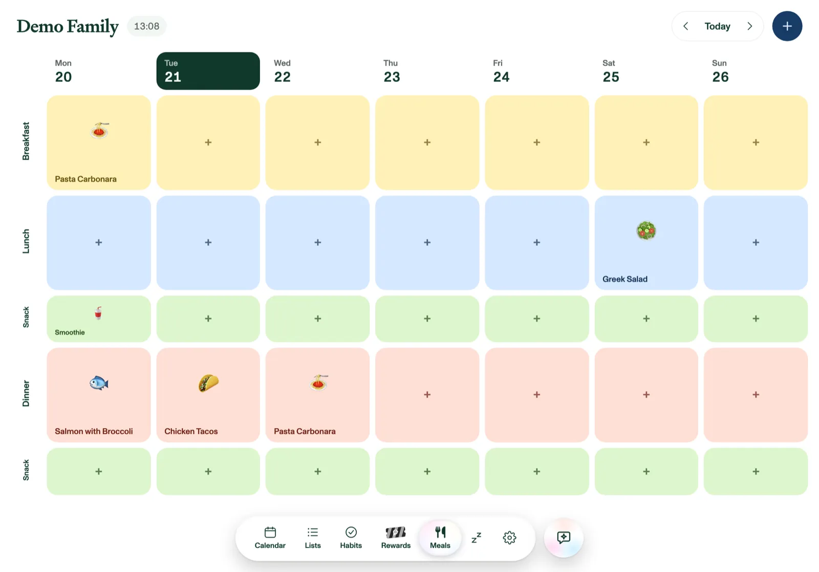 The weekly meal planner in Plannie
