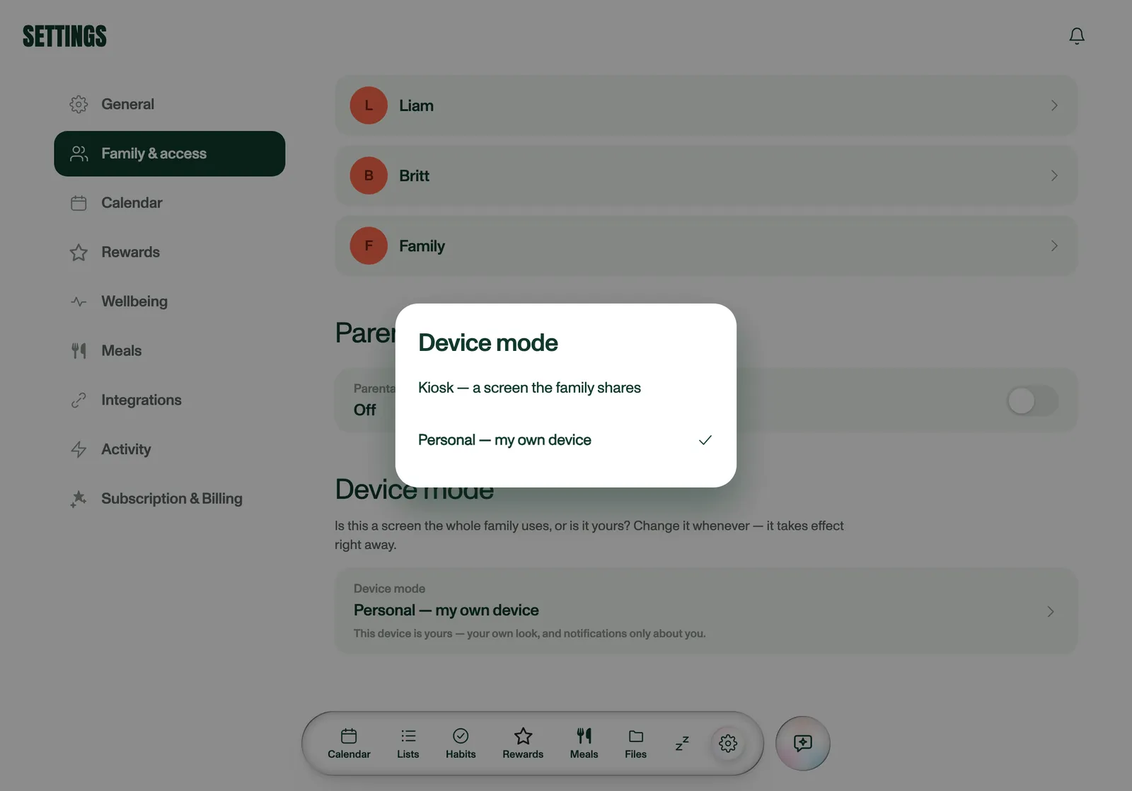 Settings → Family & access → Device mode, with the Kiosk and Personal options