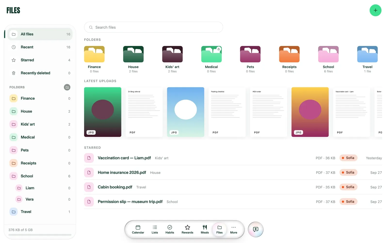 The new Files tab on the web, with family folders, latest uploads and starred files