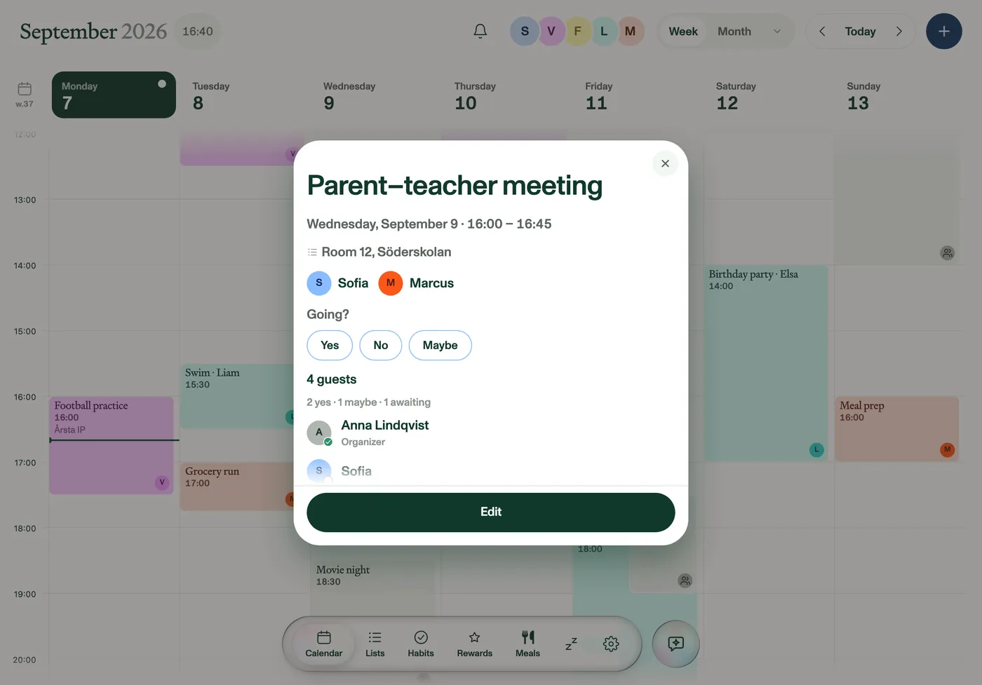 Answer a Google invitation right in Plannie: Going? Yes, No or Maybe, and the guest list underneath
